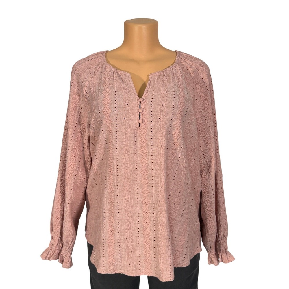FRYE Women Pink Textured Knit Long Sleeve Button Neck Blouse‎ Top Size L